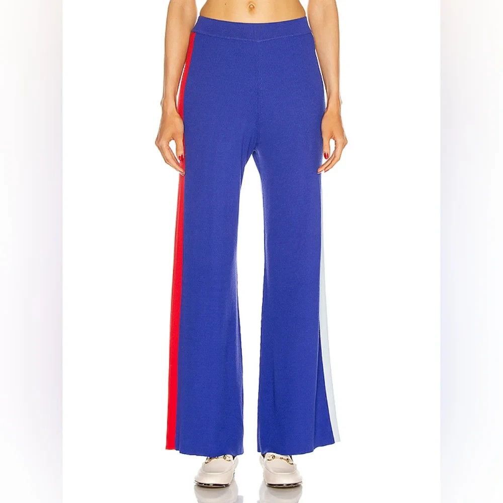 STAUD Ski Pants Size S Blue Side Stripe Ribbed Knit Pull On Wide Leg Flare
